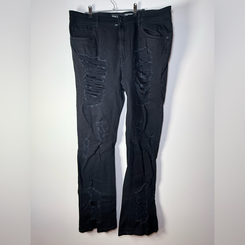 Sparks Men Black Distressed Stretch Flare Jeans Size 38x36 Ripped Raw Hem Denim